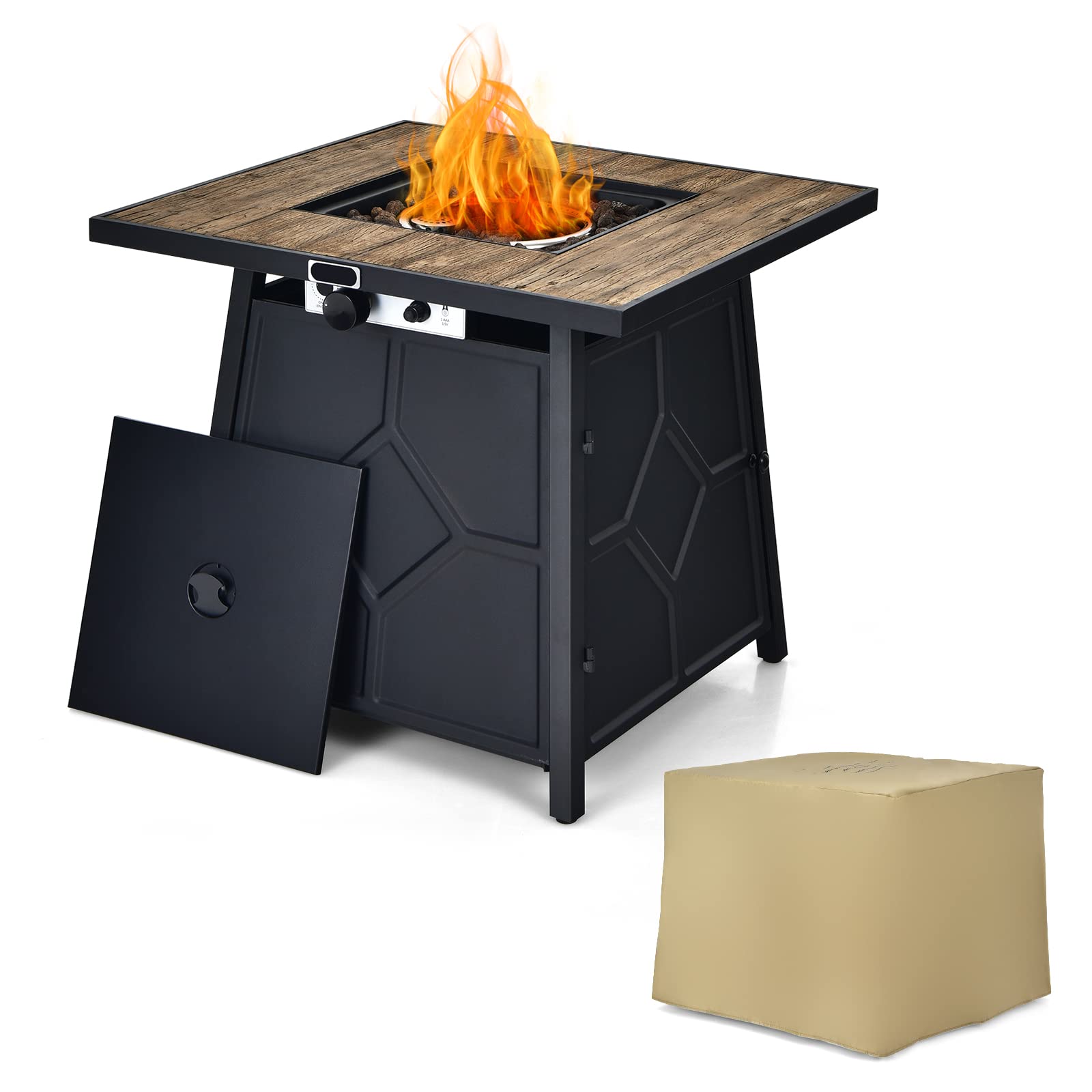 Tangkula 28 Inches Propane Fire Pit Table, 40,000 BTU Square Fire Table with Lid, Lava Stone, Waterproof Cover